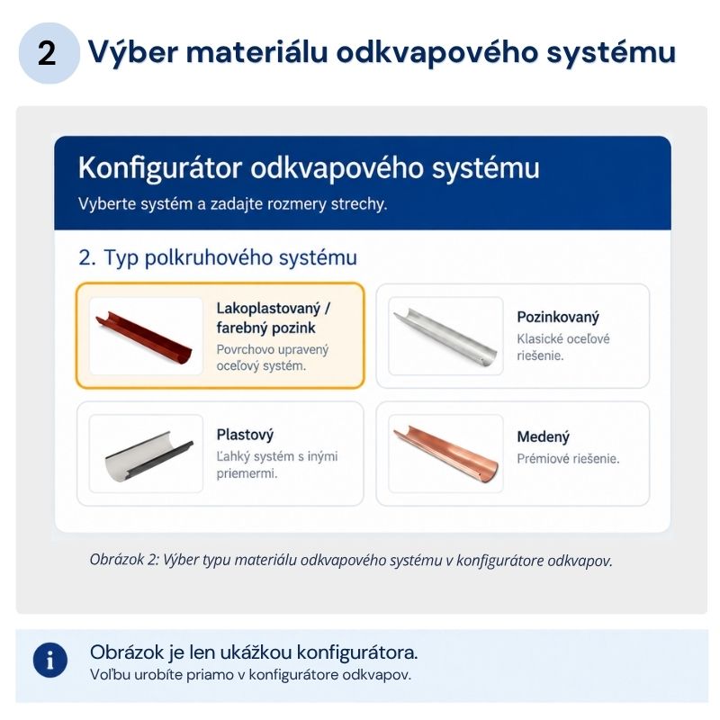 Konfigurátor odkvapov - ukážka - výber materiálu
